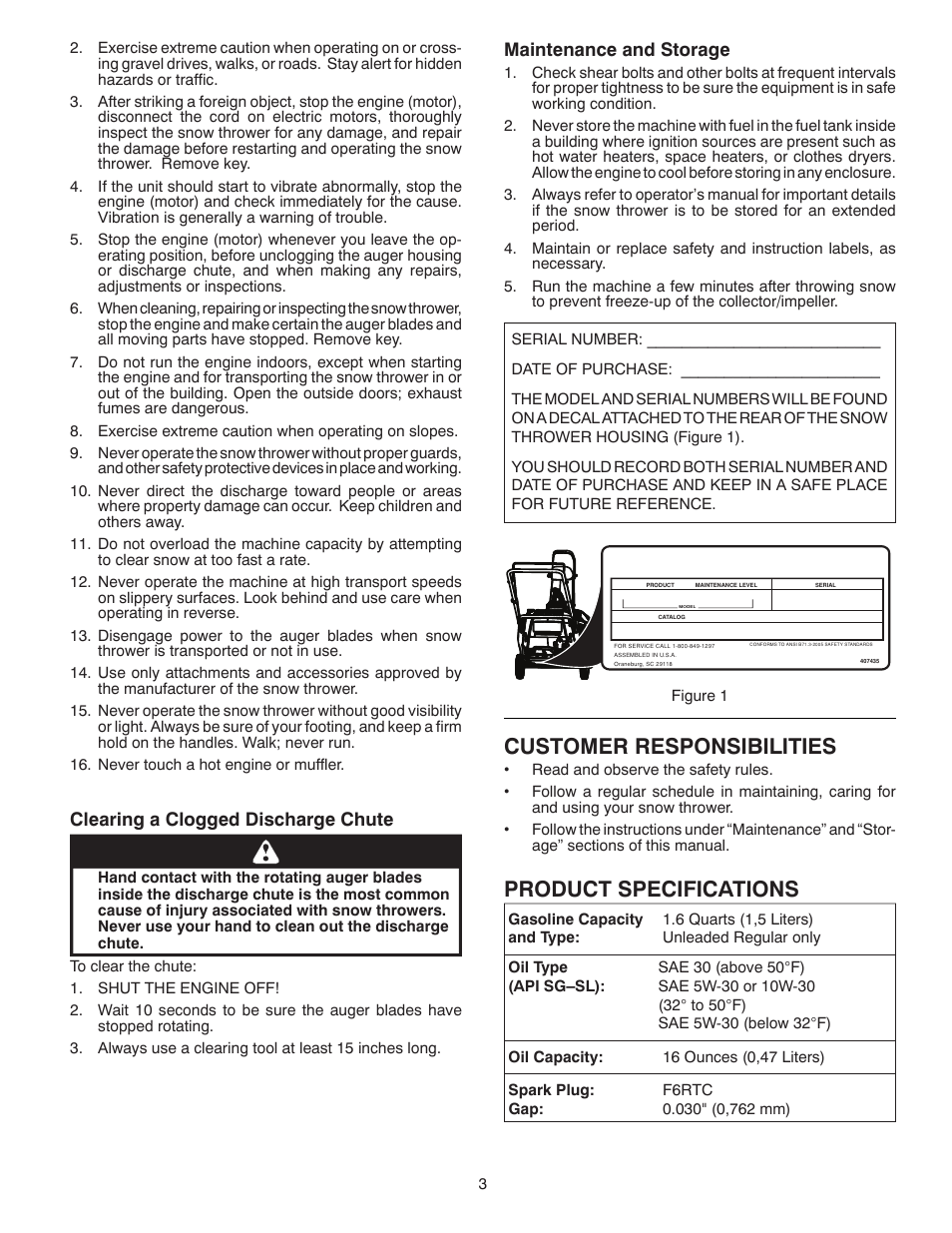Product specifications, Customer responsibilities, Clearing a clogged discharge chute | Maintenance and storage | McCulloch 96182000500 User Manual | Page 3 / 30