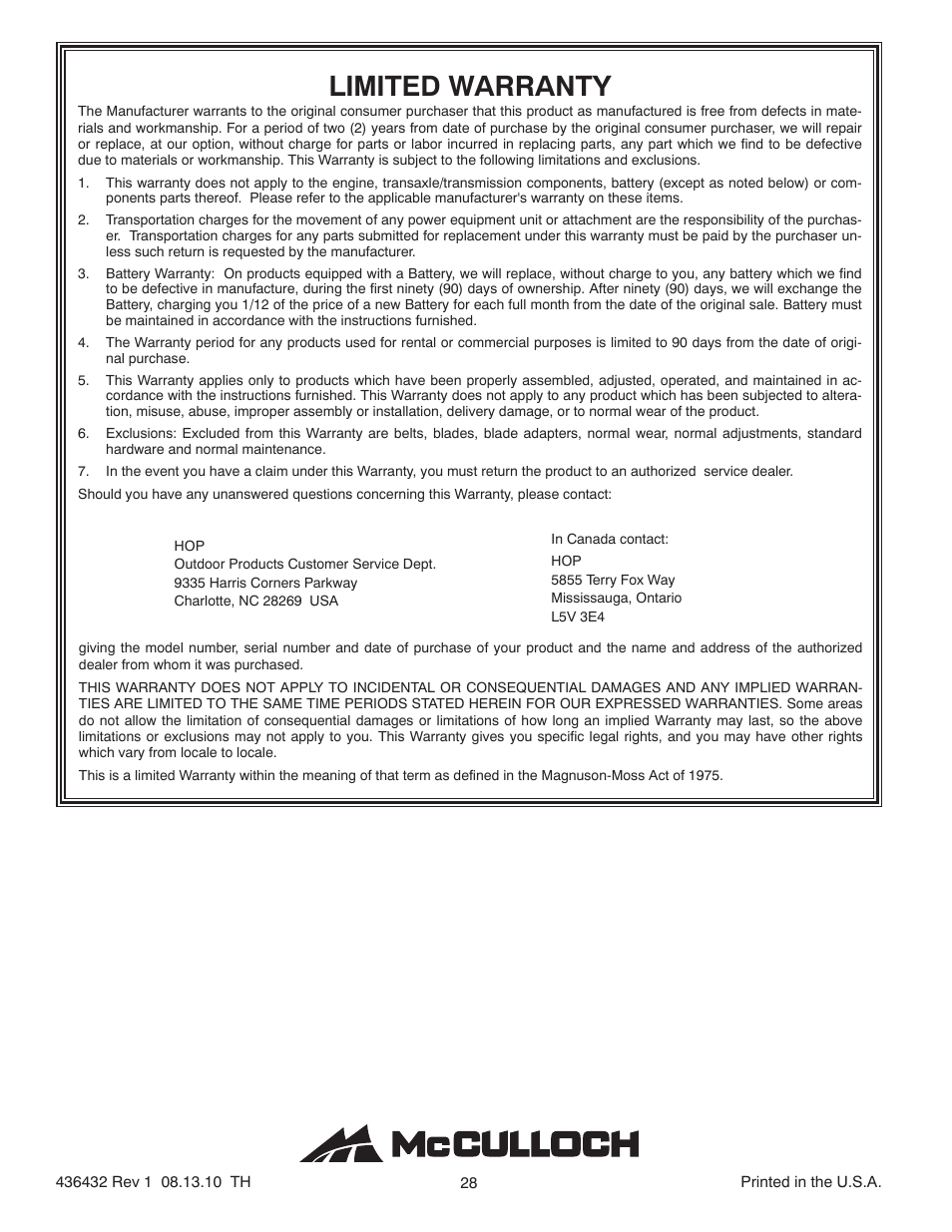 Limited warranty | McCulloch 96182000500 User Manual | Page 30 / 30