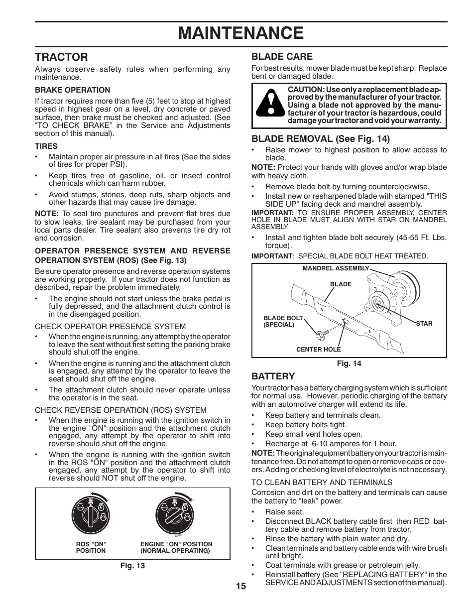 Maintenance, Tractor | McCulloch 96041017700 User Manual | Page 15 / 28
