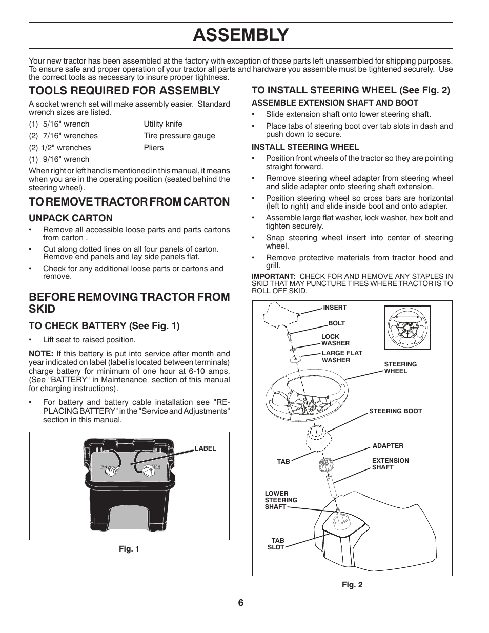 Assembly, Tools required for assembly, Before removing tractor from skid | McCulloch 96041017700 User Manual | Page 6 / 28