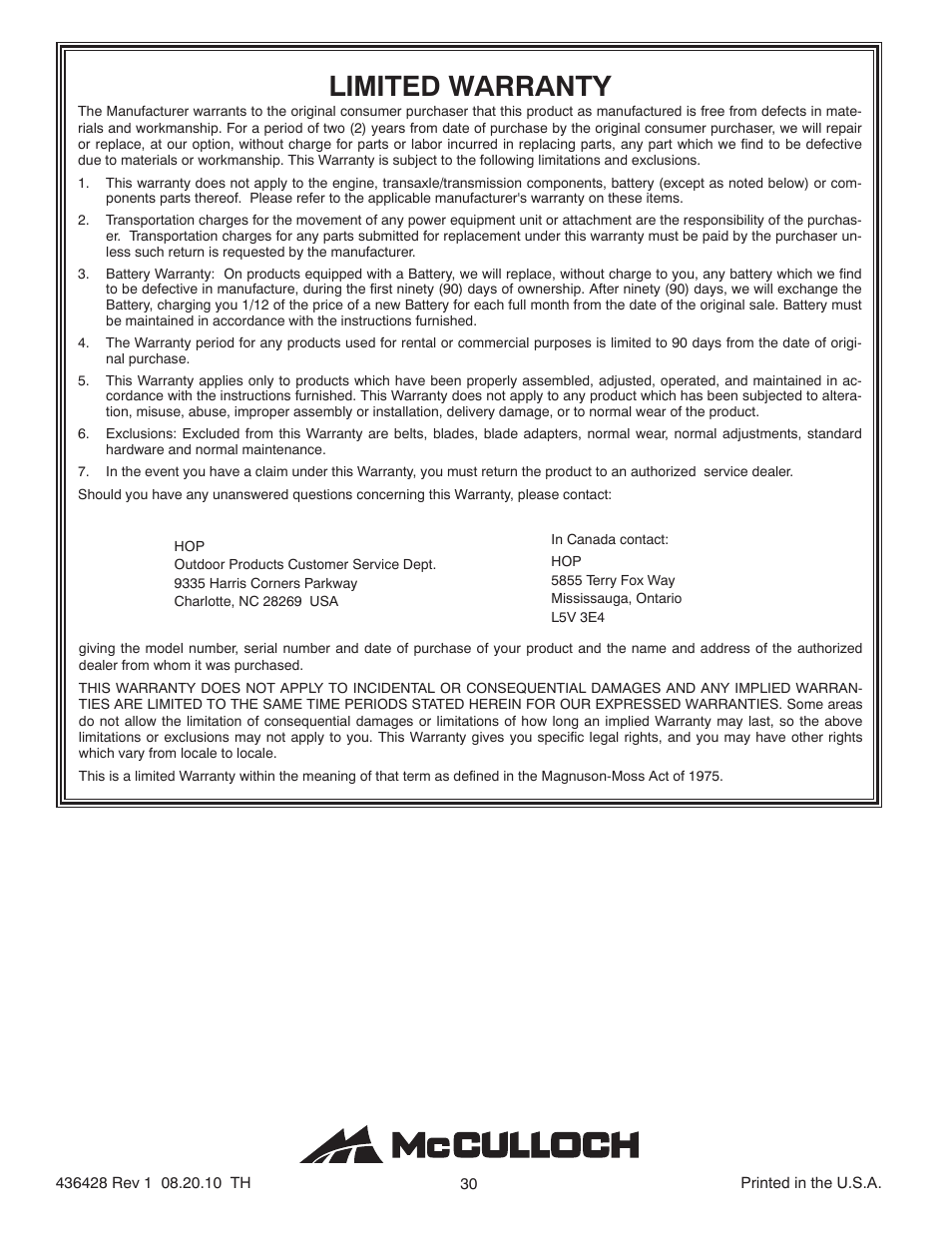 Limited warranty | McCulloch 96188000400 User Manual | Page 30 / 30