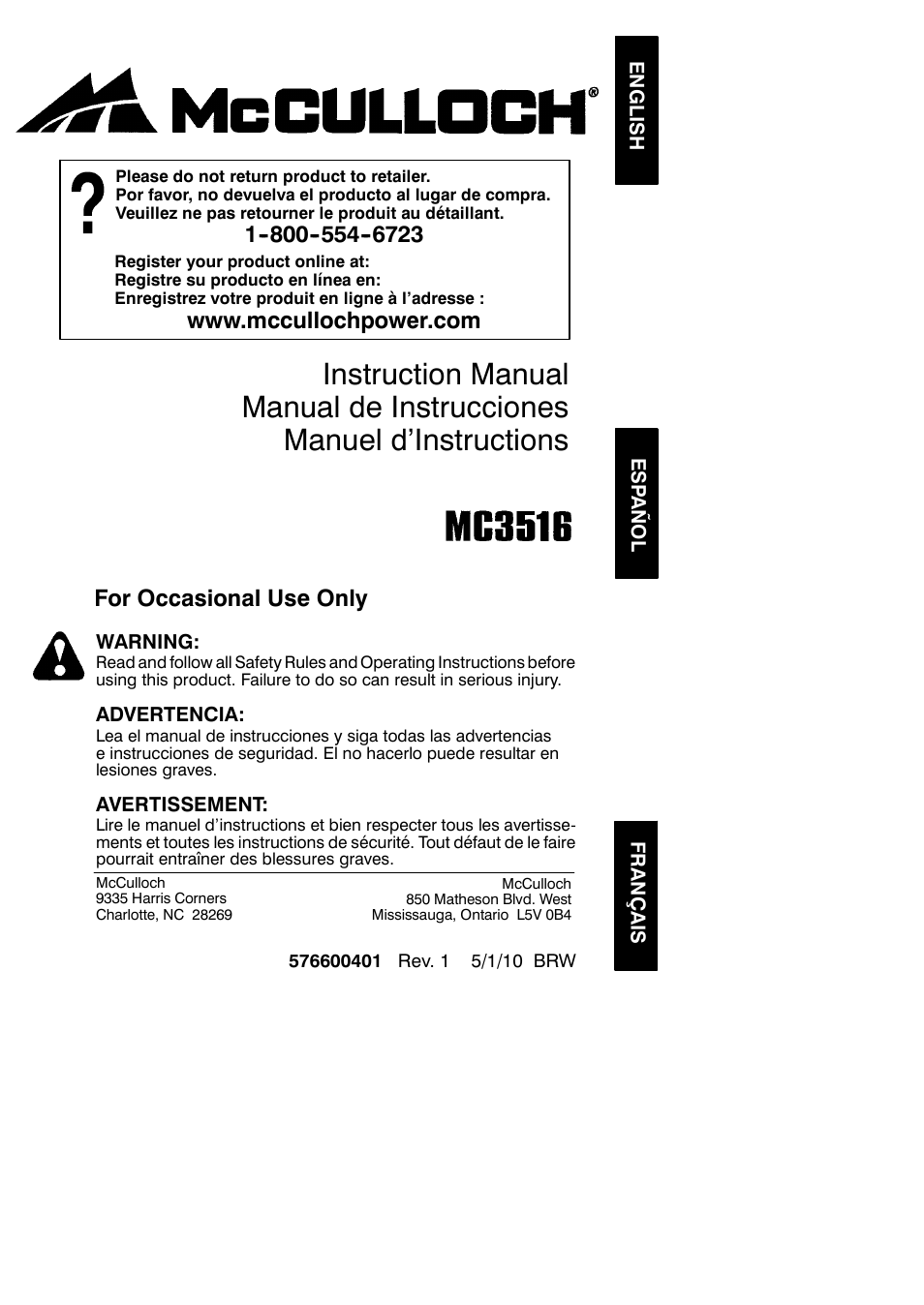 McCulloch MC3516 User Manual | 20 pages