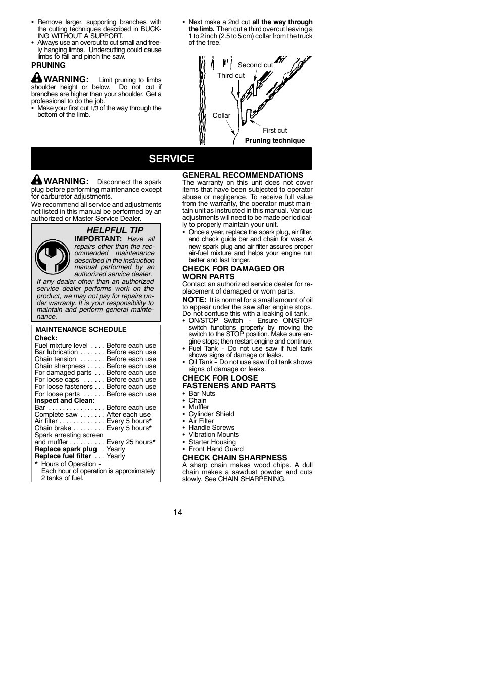 Service, Warning, Helpful tip | McCulloch MC3516 User Manual | Page 14 / 20