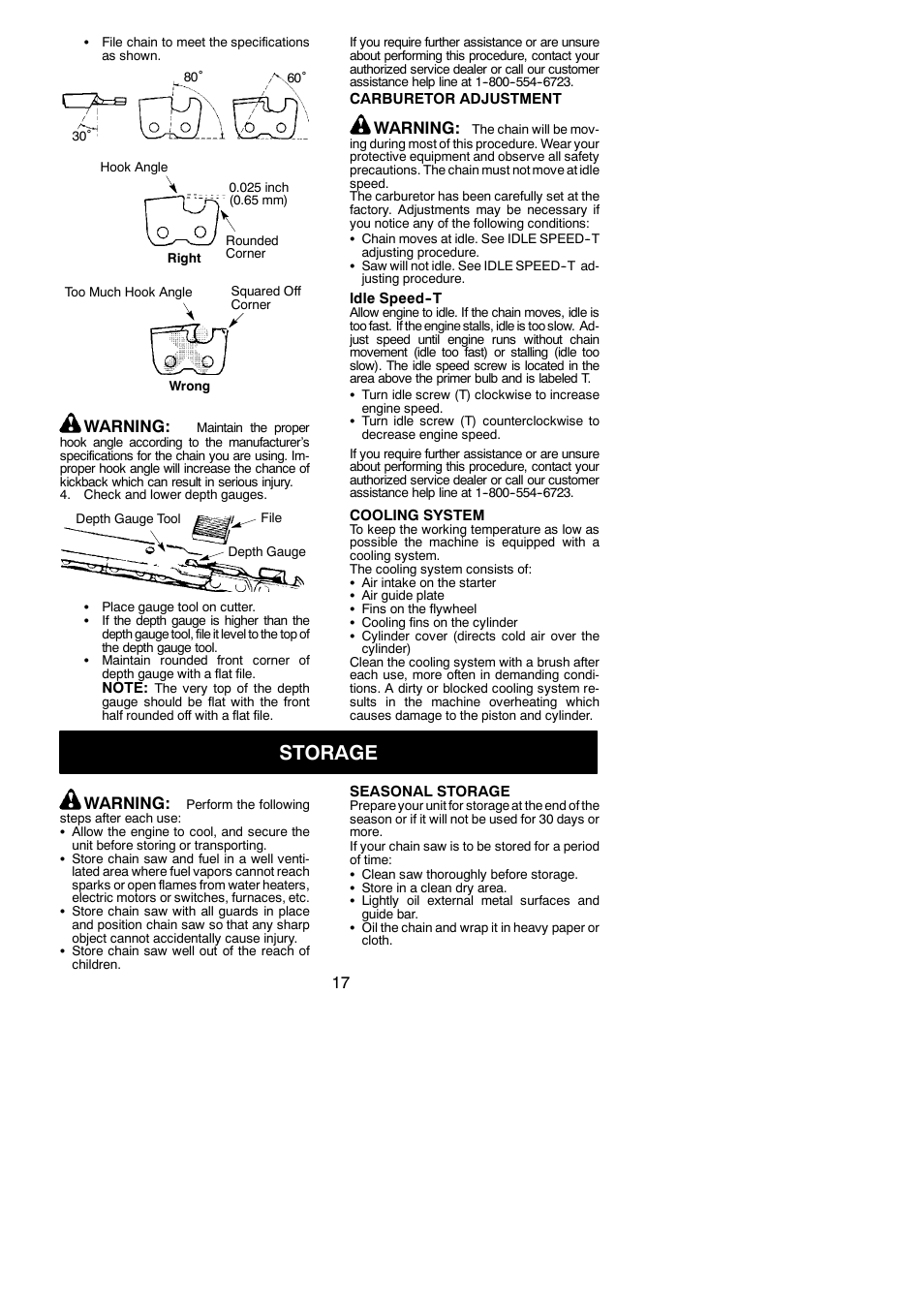 Storage, Warning | McCulloch MC3516 User Manual | Page 17 / 20