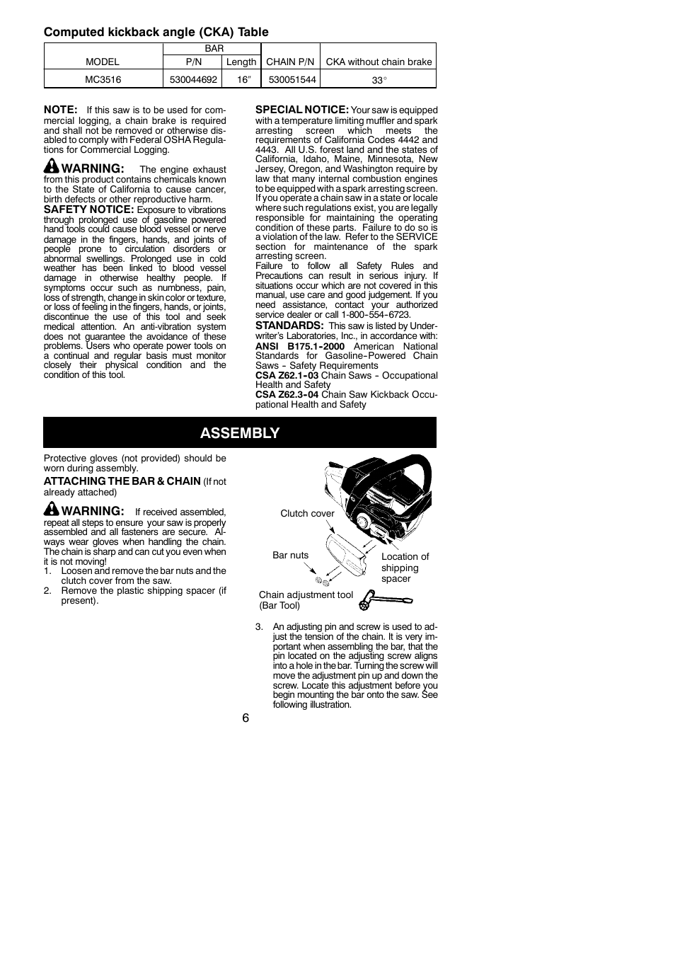 Assembly, 6computed kickback angle (cka) table, Warning | McCulloch MC3516 User Manual | Page 6 / 20