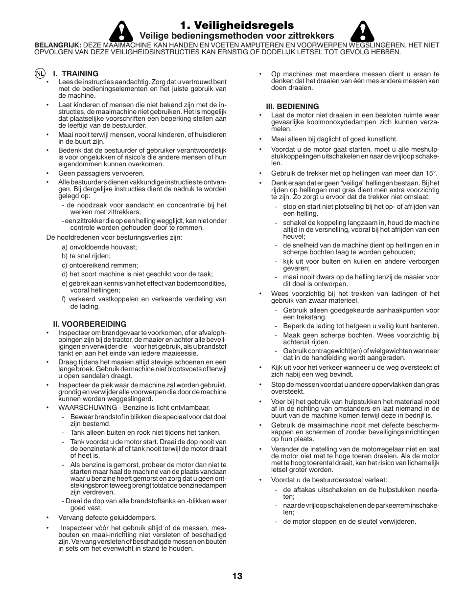 Veiligheidsregels, Veilige bedieningsmethoden voor zittrekkers | McCulloch 532 43 29-74 User Manual | Page 13 / 76