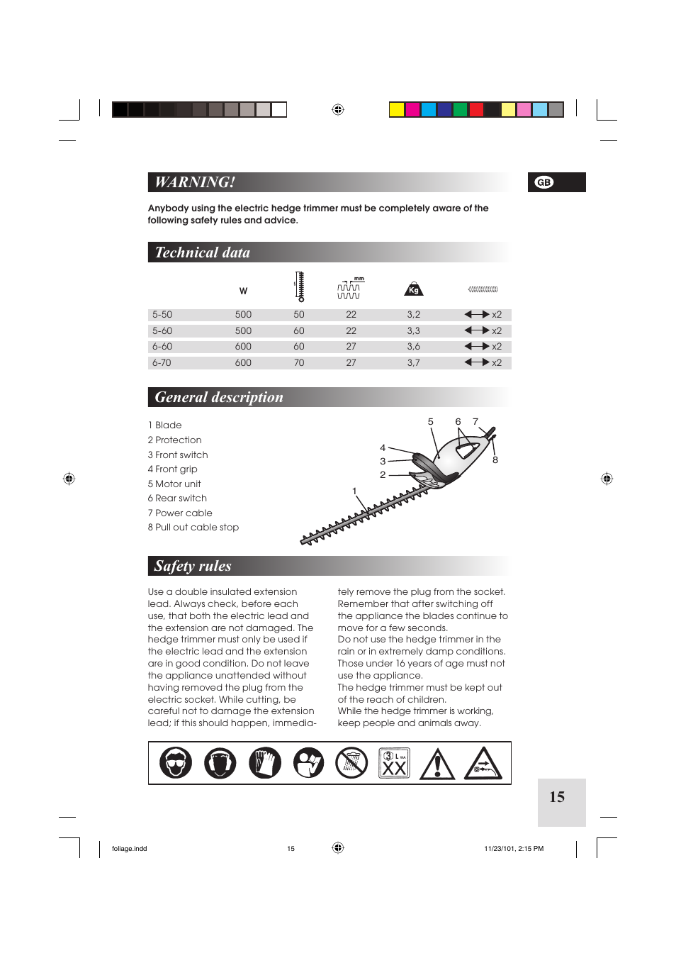 15 warning, Safety rules, Technical data | General description | McCulloch Foliage 5-50 User Manual | Page 15 / 60