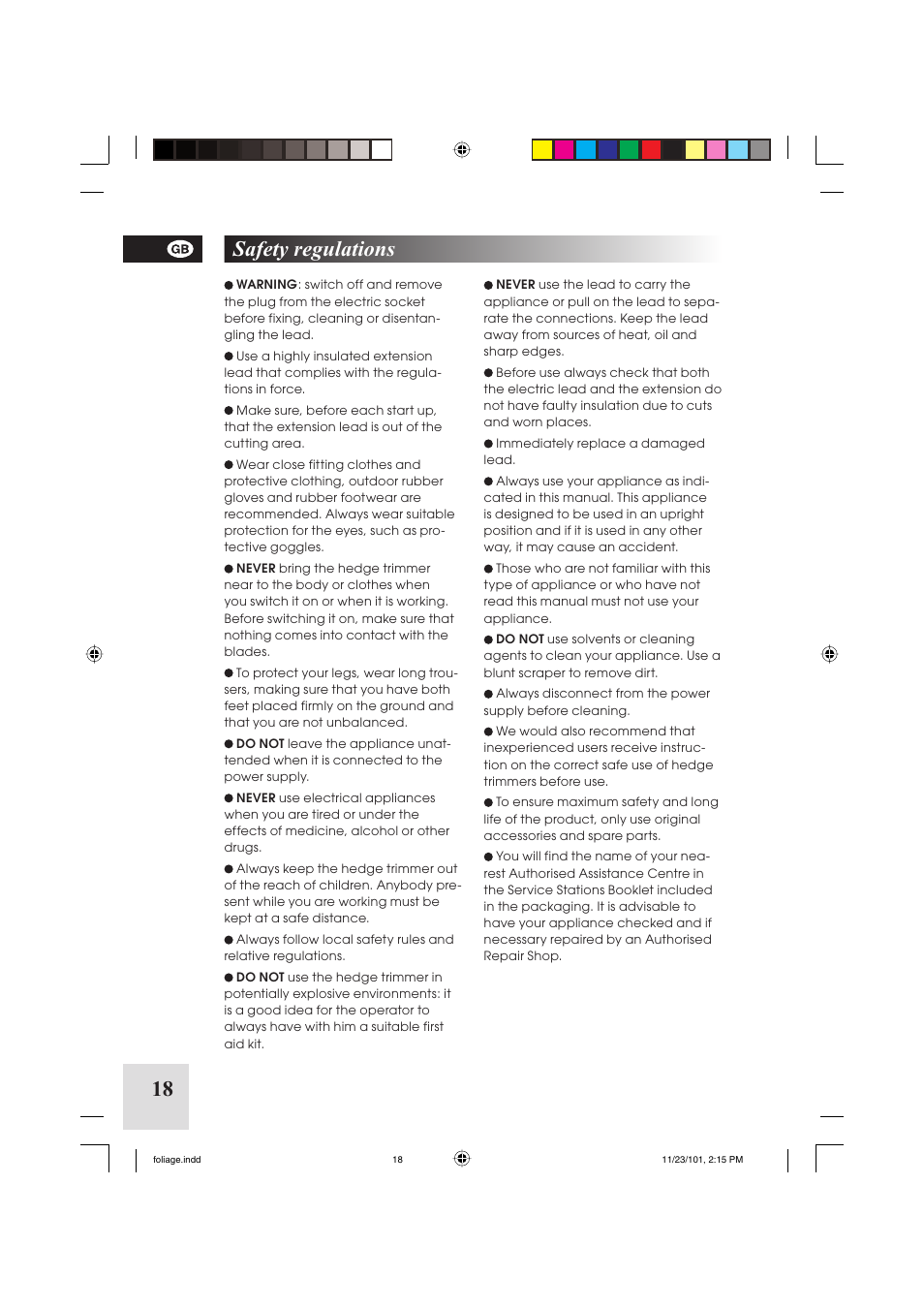 18 safety regulations | McCulloch Foliage 5-50 User Manual | Page 18 / 60