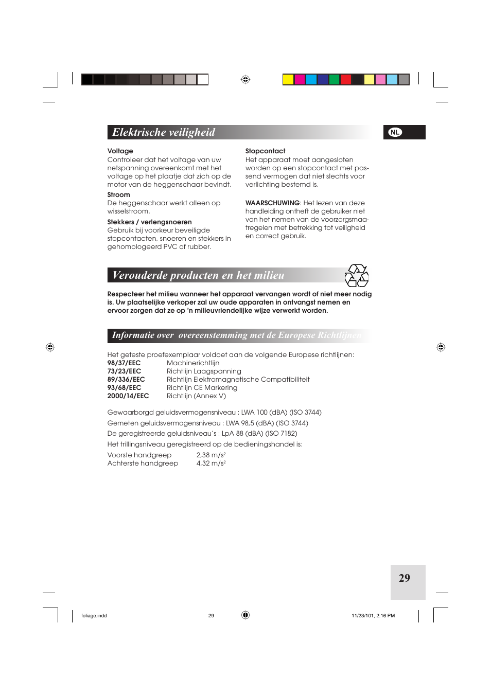 29 verouderde producten en het milieu, Elektrische veiligheid | McCulloch Foliage 5-50 User Manual | Page 29 / 60