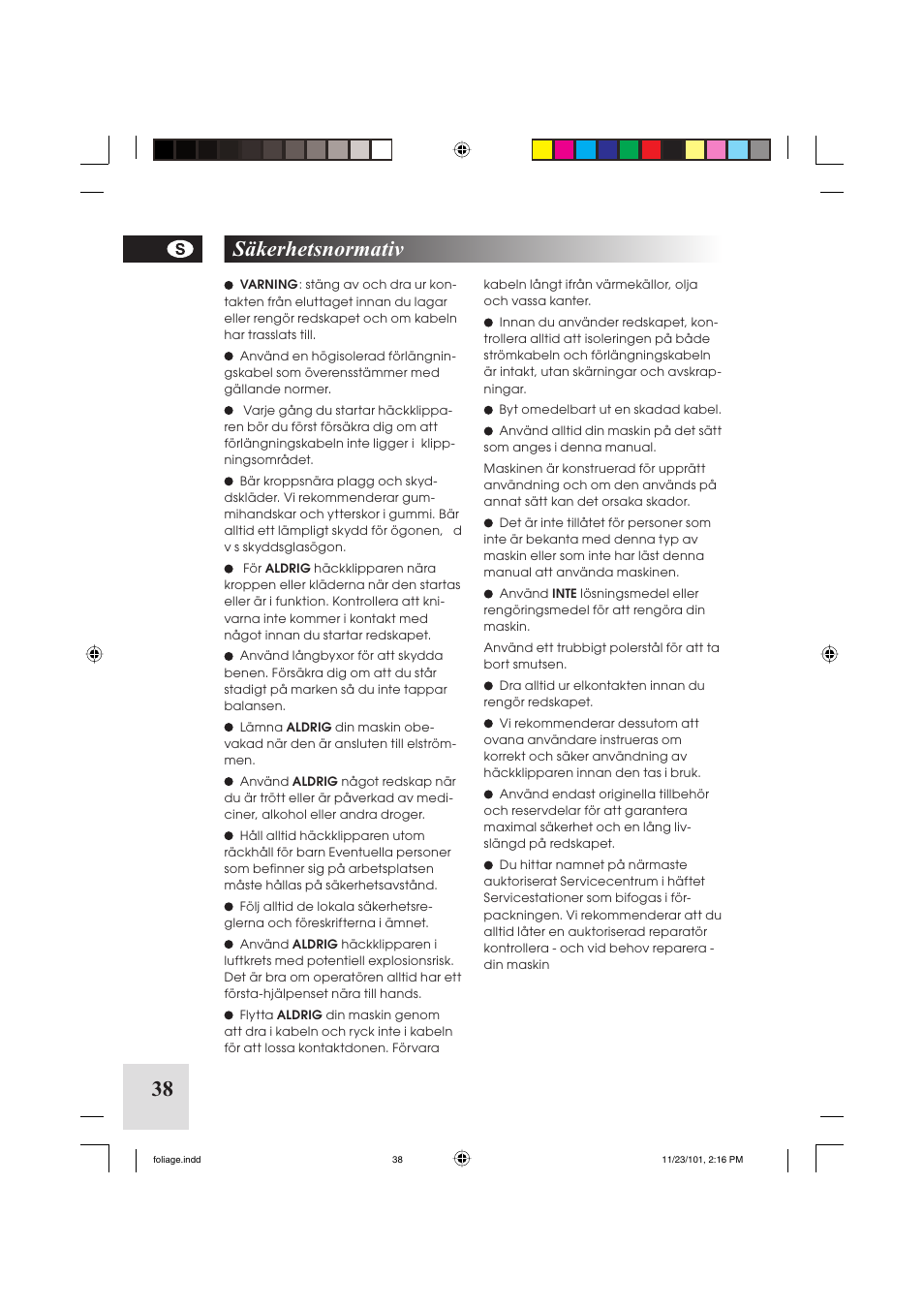 38 säkerhetsnormativ | McCulloch Foliage 5-50 User Manual | Page 38 / 60