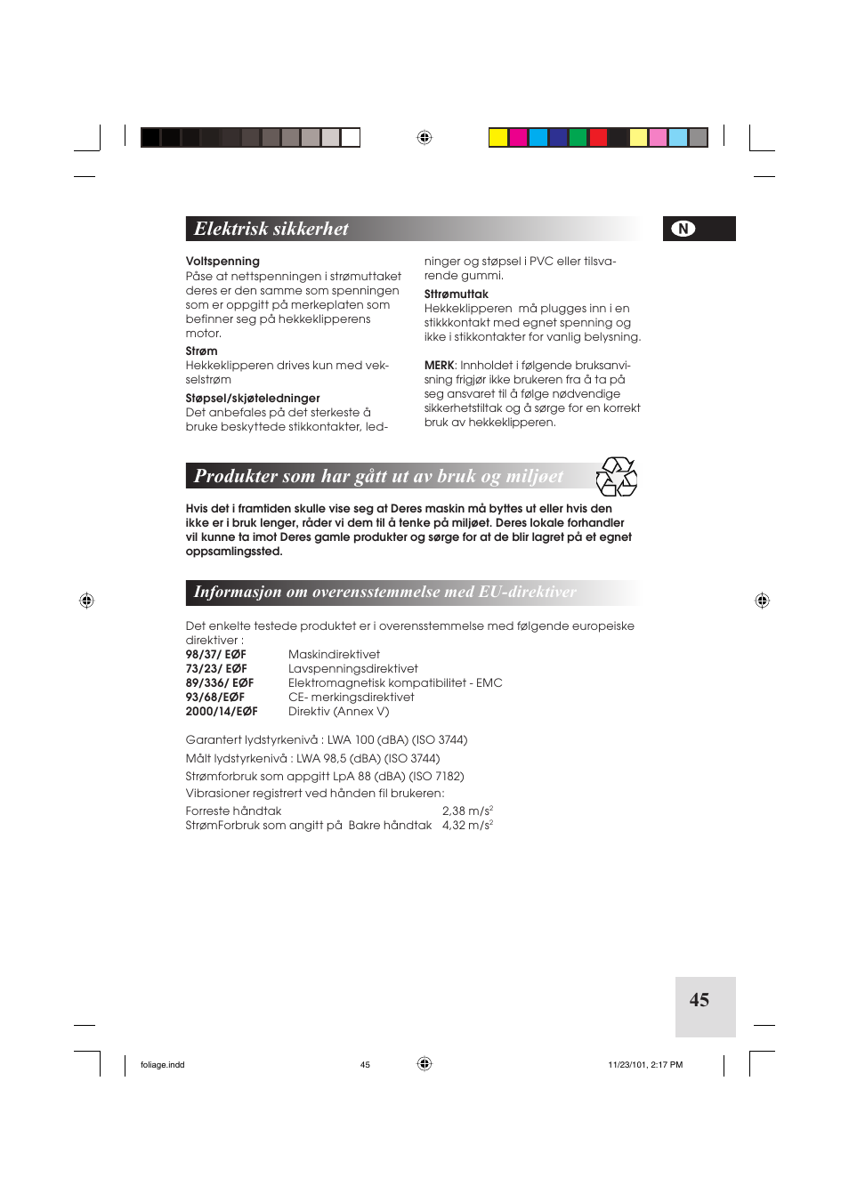 45 produkter som har gått ut av bruk og miljøet, Elektrisk sikkerhet, Informasjon om overensstemmelse med eu-direktiver | McCulloch Foliage 5-50 User Manual | Page 45 / 60