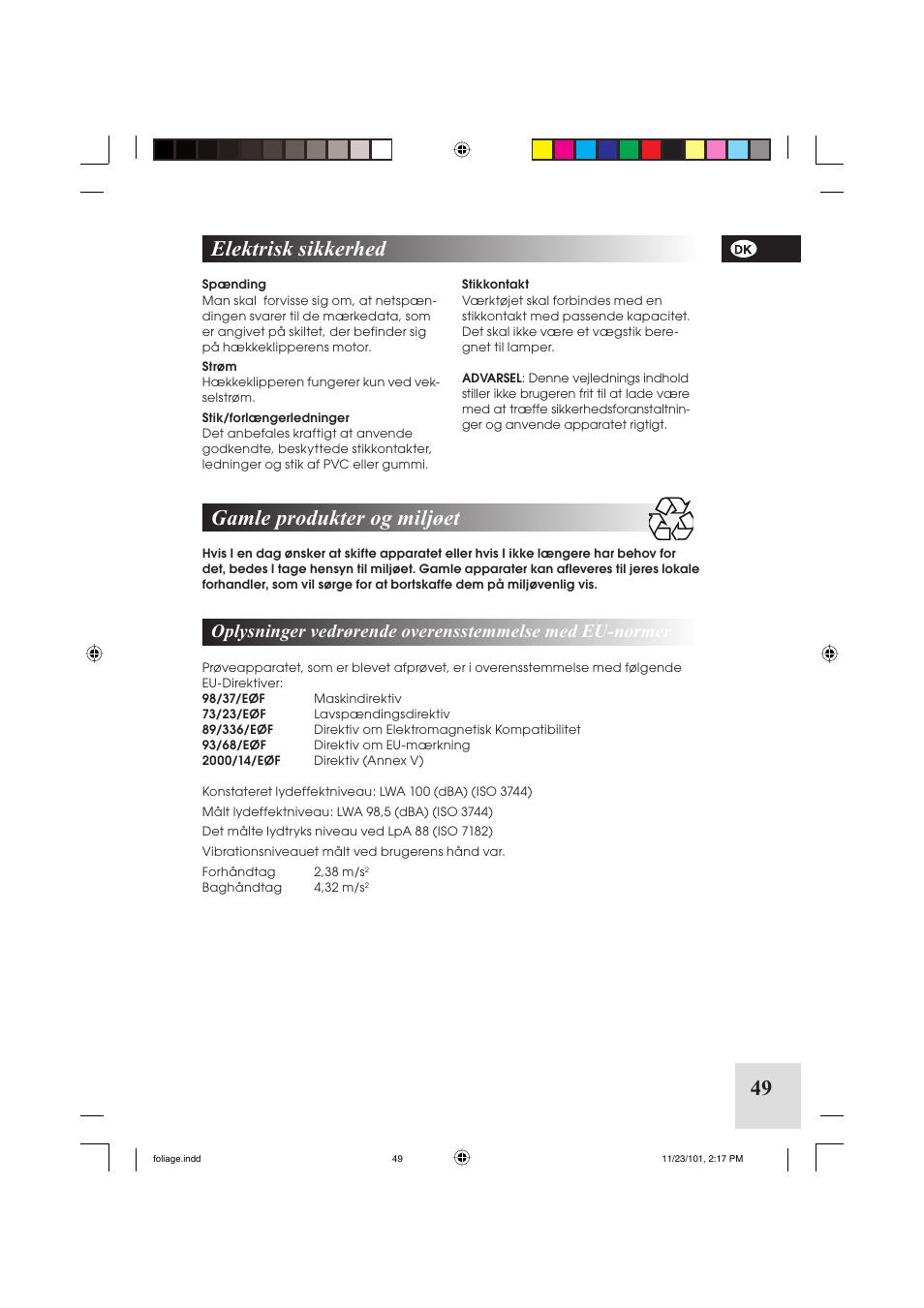 49 gamle produkter og miljøet, Elektrisk sikkerhed | McCulloch Foliage 5-50 User Manual | Page 49 / 60