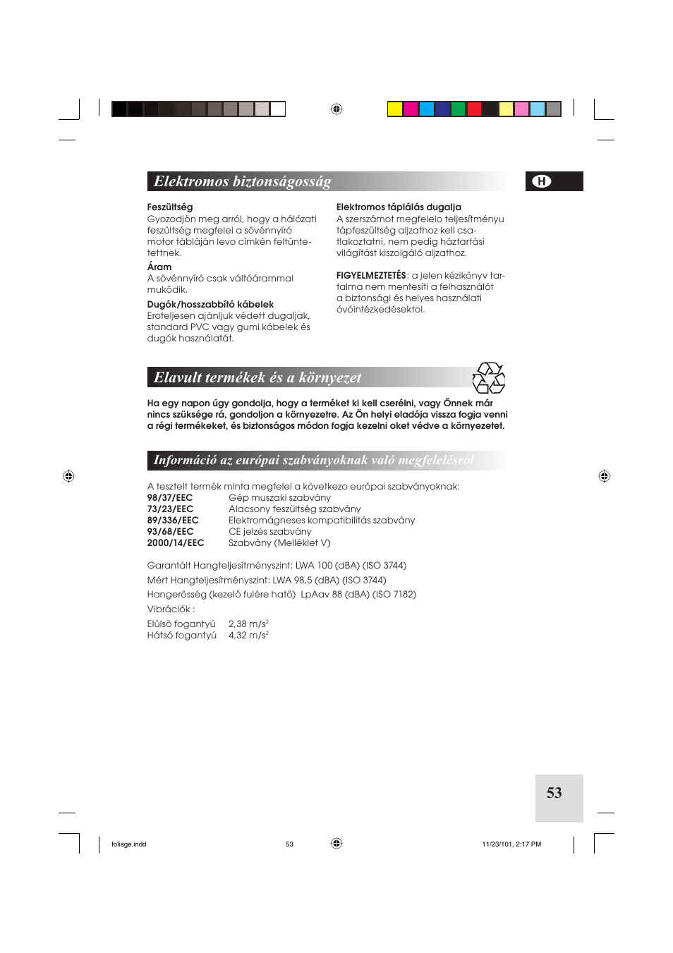 53 elavult termékek és a környezet, Elektromos biztonságosság | McCulloch Foliage 5-50 User Manual | Page 53 / 60