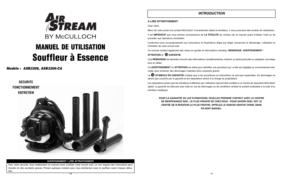 Souffleur à essence, Manuel de utilisation, Introduction | McCulloch Air Stream ASB3206-CA User Manual | Page 10 / 27