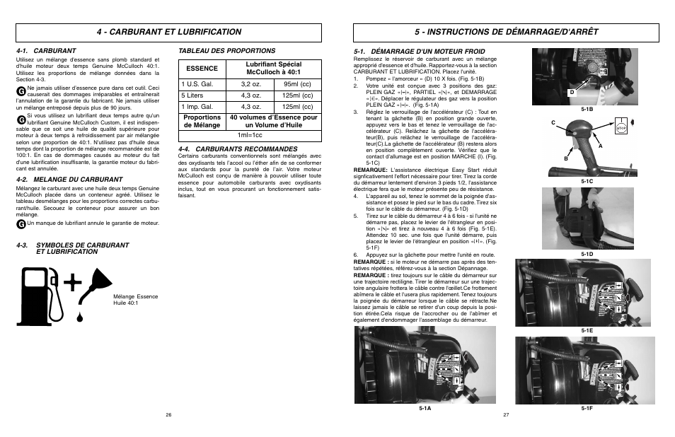 4 - carburant et lubrification, 5 - instructions de démarrage/d'arrêt | McCulloch Air Stream ASB3206-CA User Manual | Page 14 / 27