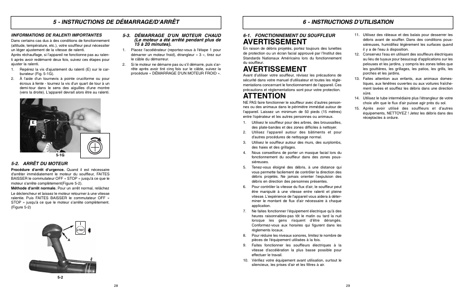 Avertissement, Attention, 5 - instructions de démarrage/d'arrêt | 6 - instructions d’utilisation | McCulloch Air Stream ASB3206-CA User Manual | Page 15 / 27