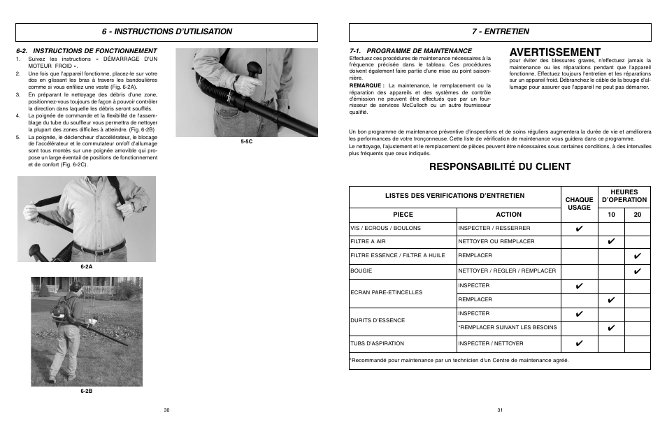 Avertissement, Responsabilité du client, 6 - instructions d’utilisation | 7 - entretien | McCulloch Air Stream ASB3206-CA User Manual | Page 16 / 27