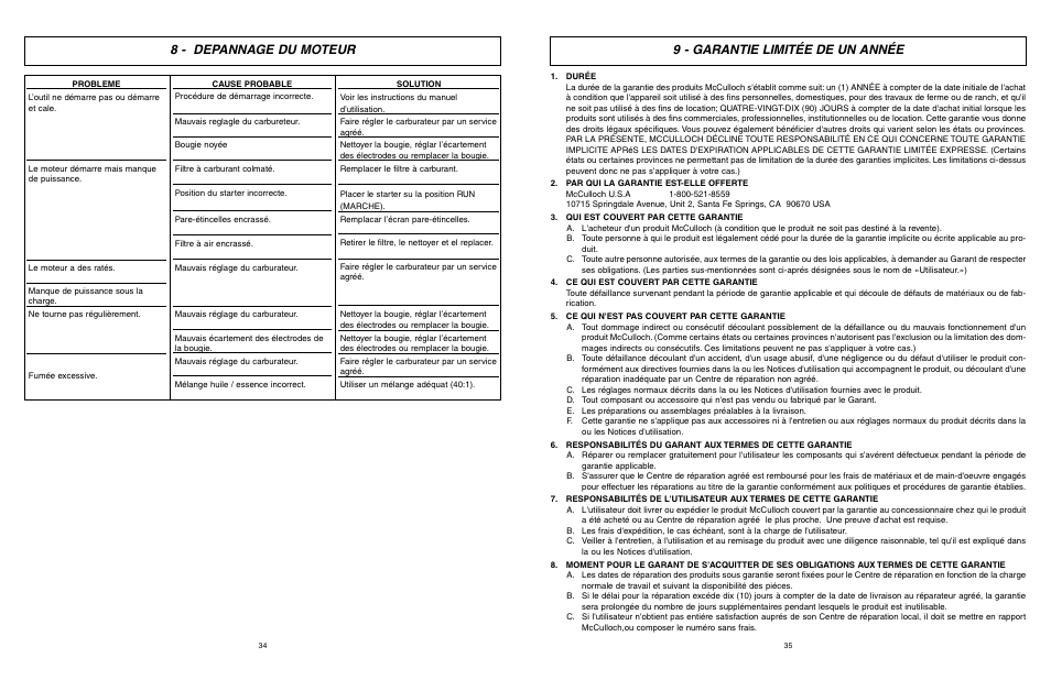 9 - garantie limitée de un année, 8 - depannage du moteur | McCulloch Air Stream ASB3206-CA User Manual | Page 18 / 27