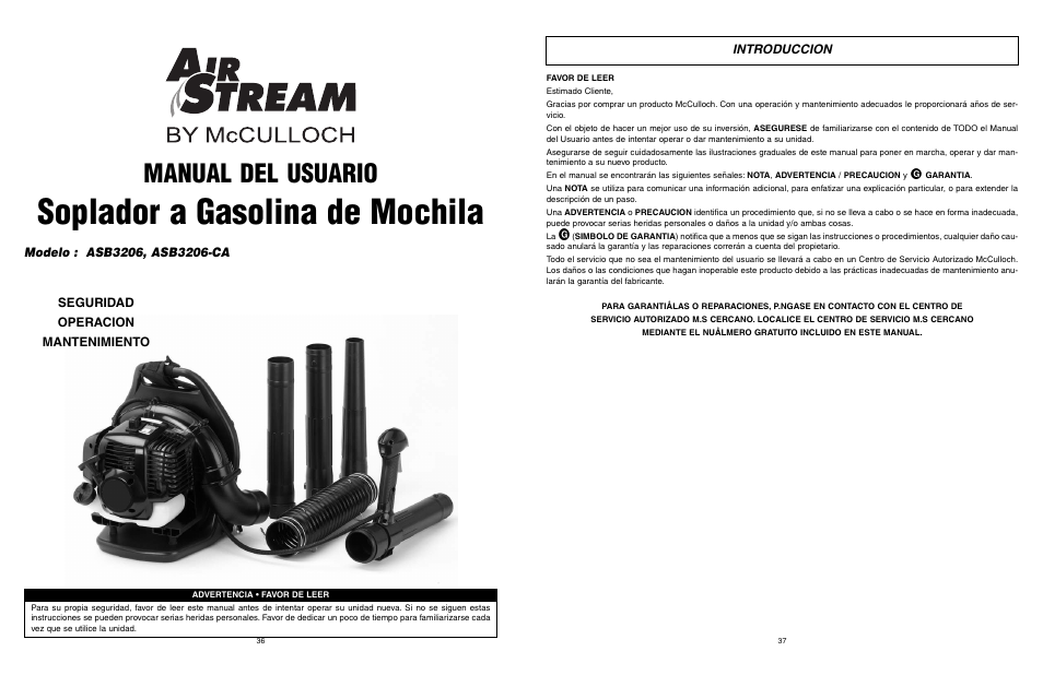 Soplador a gasolina de mochila, Manual del usuario, Introduccion | McCulloch Air Stream ASB3206-CA User Manual | Page 19 / 27