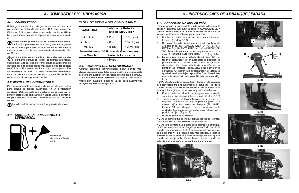 5 - instrucciones de arranque / parada, 4 - combustible y lubricacion | McCulloch Air Stream ASB3206-CA User Manual | Page 23 / 27