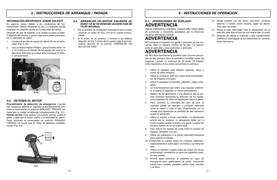 Advertencia, 5 - instrucciones de arranque / parada, 6 - instrucciones de operacion | McCulloch Air Stream ASB3206-CA User Manual | Page 24 / 27
