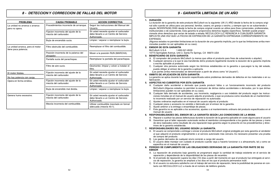 9 - garantía limitada de un año, 8 - deteccion y correccion de fallas del motor | McCulloch Air Stream ASB3206-CA User Manual | Page 27 / 27