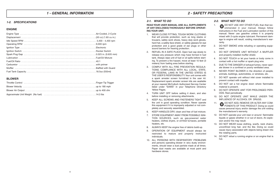 1 - general information, 2 - safety precautions | McCulloch Air Stream ASB3206-CA User Manual | Page 3 / 27