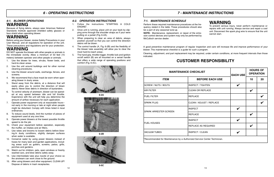 Warning, Customer responsibility, 7 - maintenance instructions | 6 - operating instructions | McCulloch Air Stream ASB3206-CA User Manual | Page 7 / 27