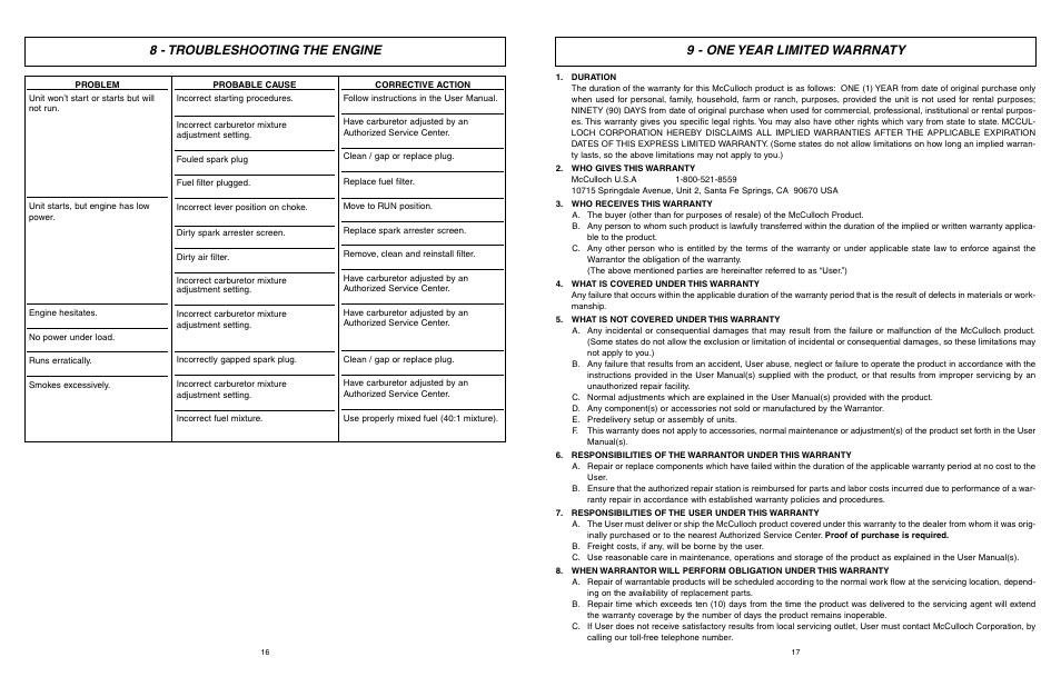 9 - one year limited warrnaty, 8 - troubleshooting the engine | McCulloch Air Stream ASB3206-CA User Manual | Page 9 / 27