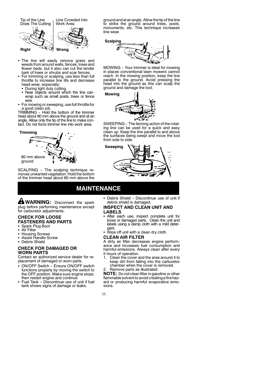 Maintenance, Warning | McCulloch TRIMMAC 281 User Manual | Page 11 / 15