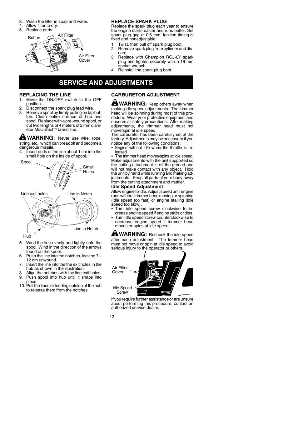 Service and adjustments, Warning | McCulloch TRIMMAC 281 User Manual | Page 12 / 15