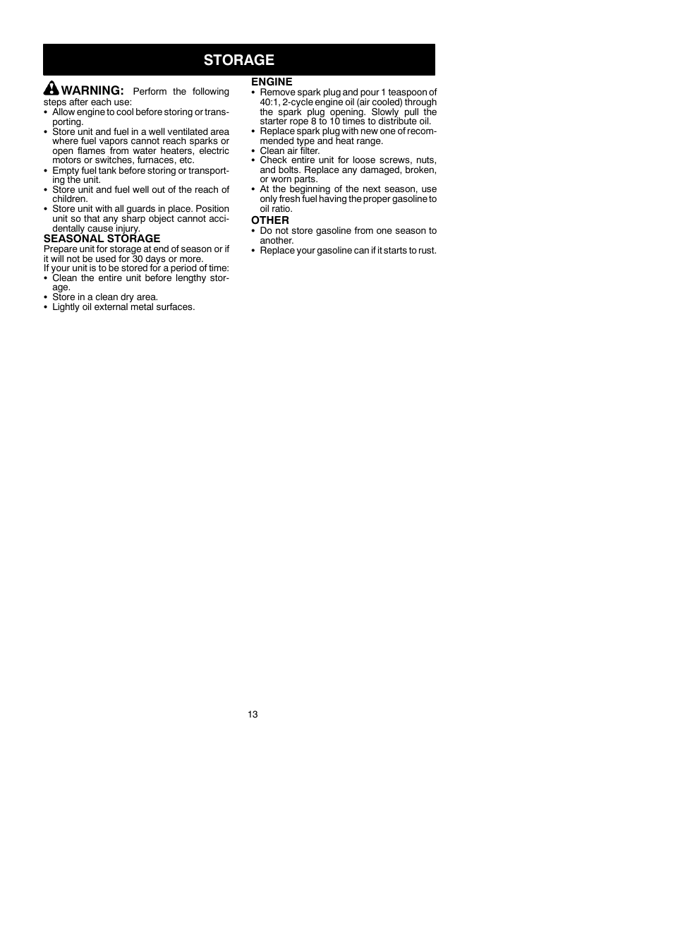 Storage, Warning | McCulloch TRIMMAC 281 User Manual | Page 13 / 15