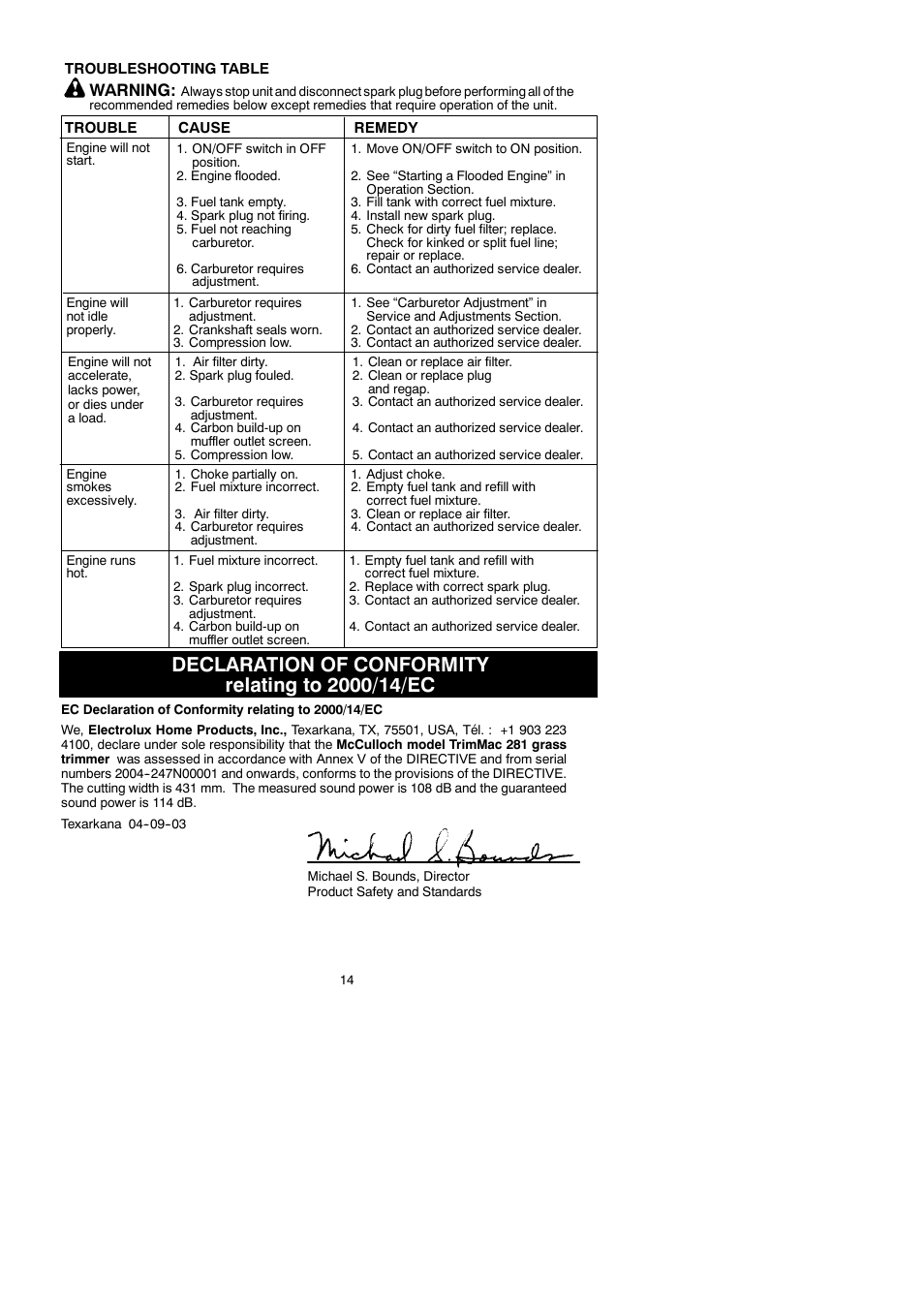 Declaration of conformity relating to 2000/14/ec, Warning | McCulloch TRIMMAC 281 User Manual | Page 14 / 15