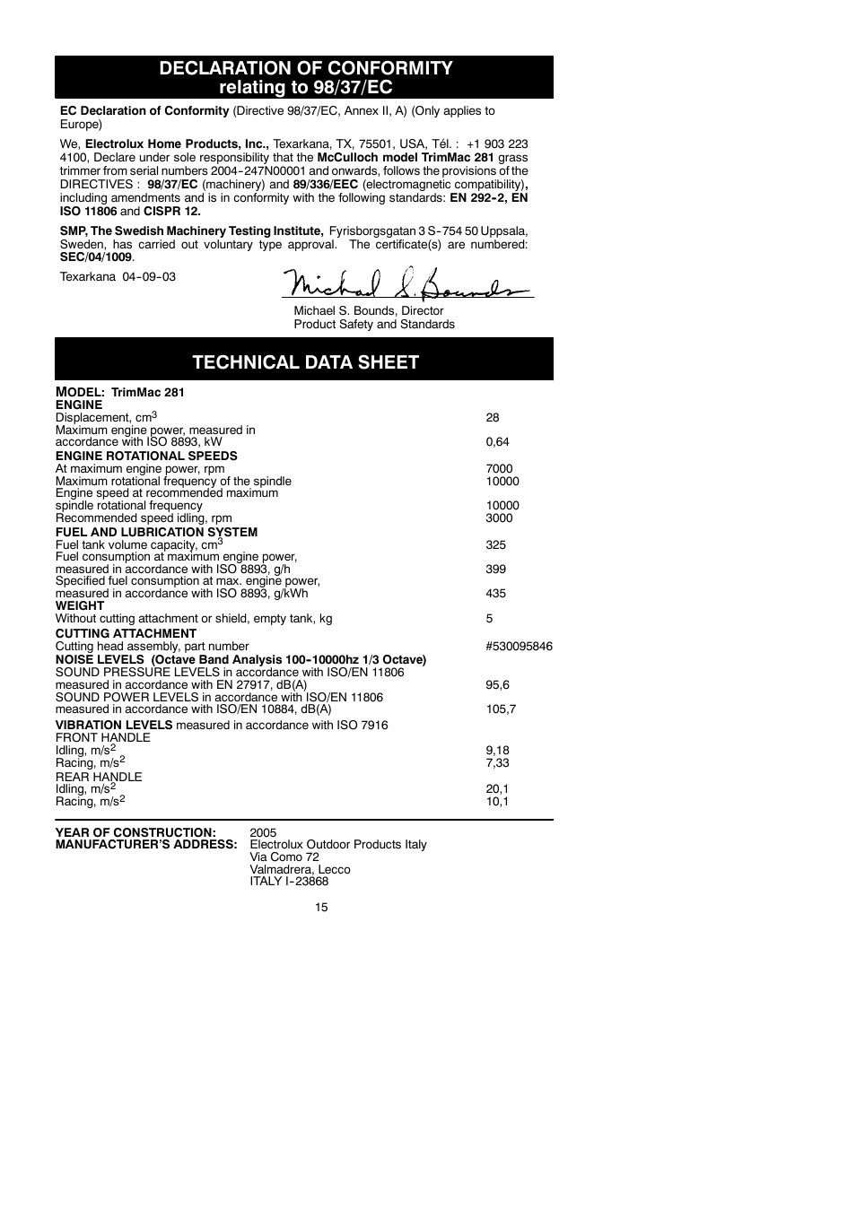 Declaration of conformity relating to 98/37/ec, Technical data sheet | McCulloch TRIMMAC 281 User Manual | Page 15 / 15