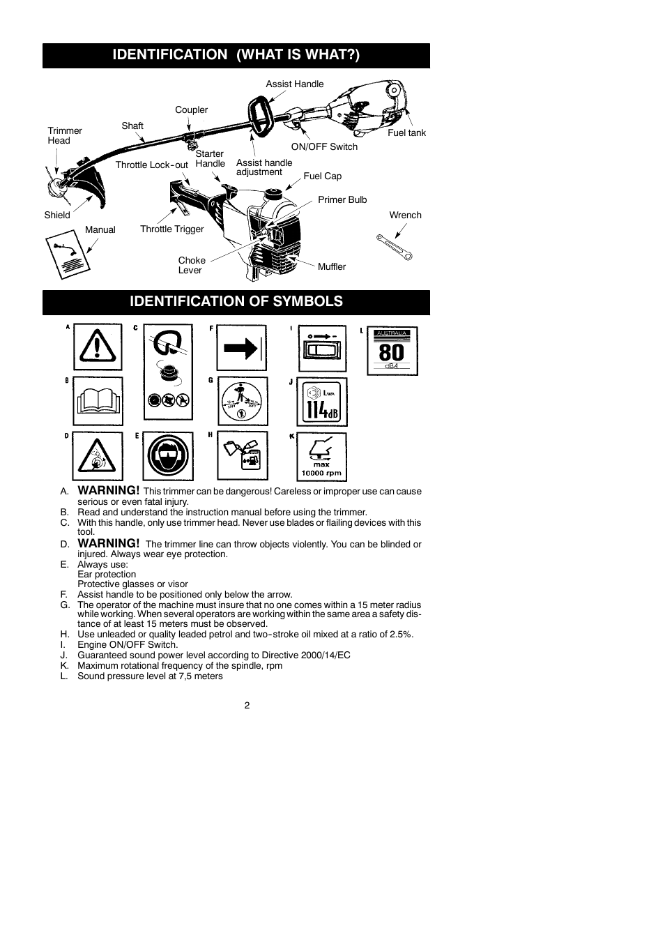 Identification (what is what?), Identification of symbols, Warning | McCulloch TRIMMAC 281 User Manual | Page 2 / 15