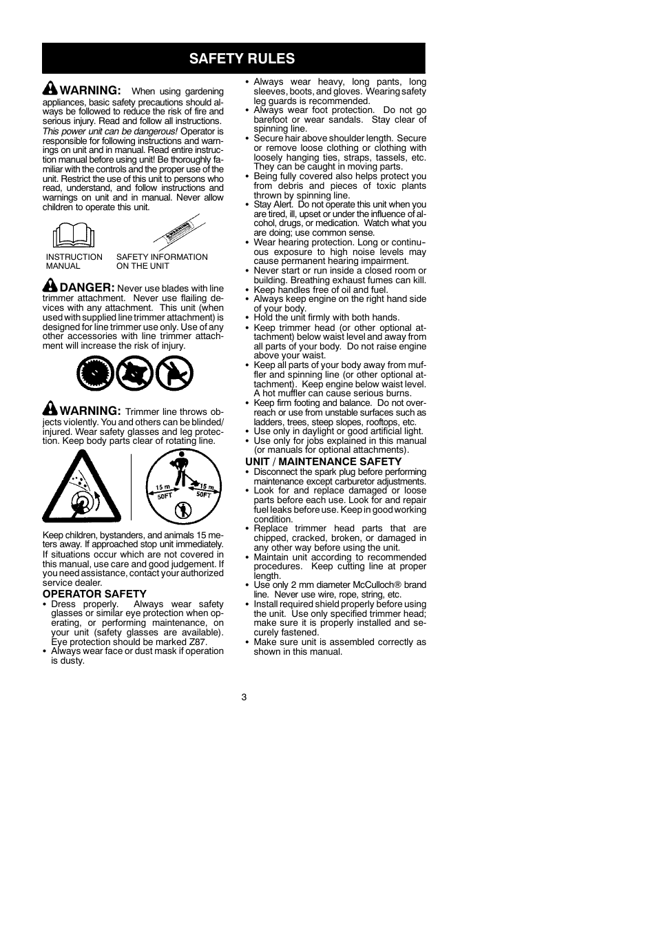 Safety rules, Warning, Danger | McCulloch TRIMMAC 281 User Manual | Page 3 / 15