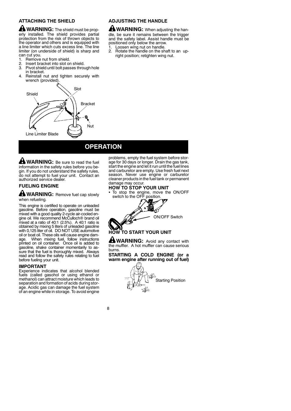 Operation, Warning | McCulloch TRIMMAC 281 User Manual | Page 8 / 15