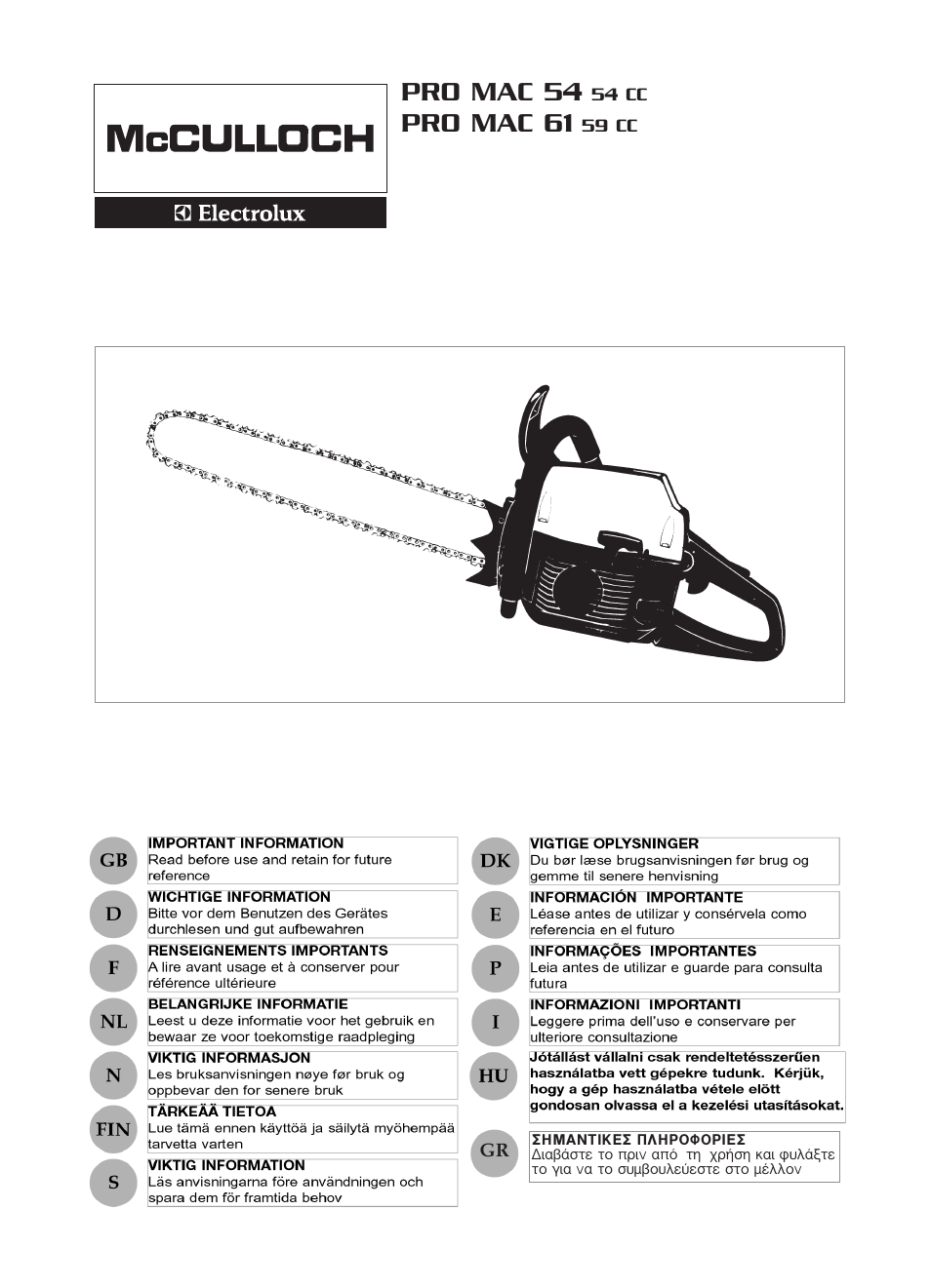 McCulloch ELECTROLUX PRO MAC 54 54 CC User Manual | 14 pages