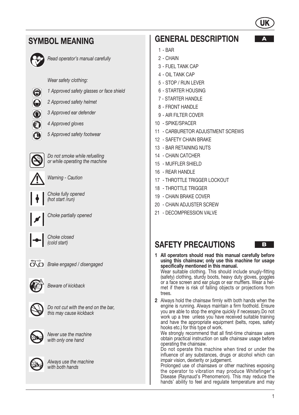 General description, Safety precautions, Symbol meaning | McCulloch ELECTROLUX PRO MAC 54 54 CC User Manual | Page 8 / 14