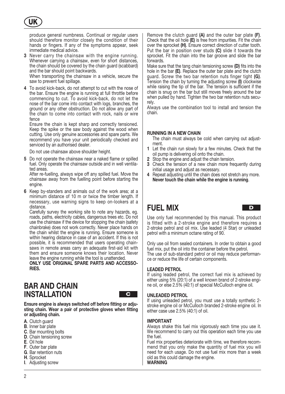 Bar and chain installation, Fuel mix | McCulloch ELECTROLUX PRO MAC 54 54 CC User Manual | Page 9 / 14