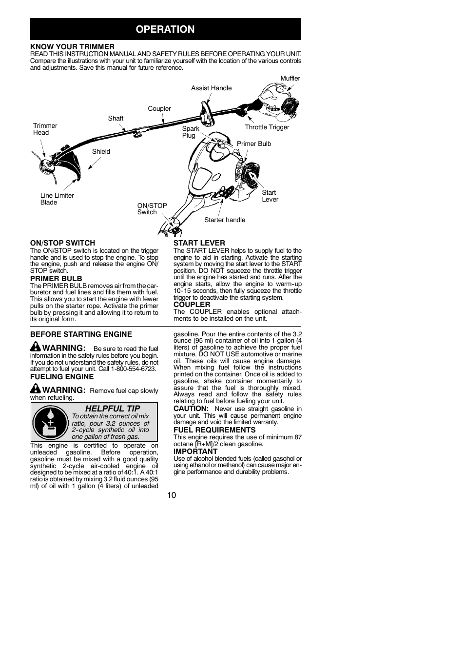 Operation, Warning, Helpful tip | McCulloch MC025 User Manual | Page 10 / 20