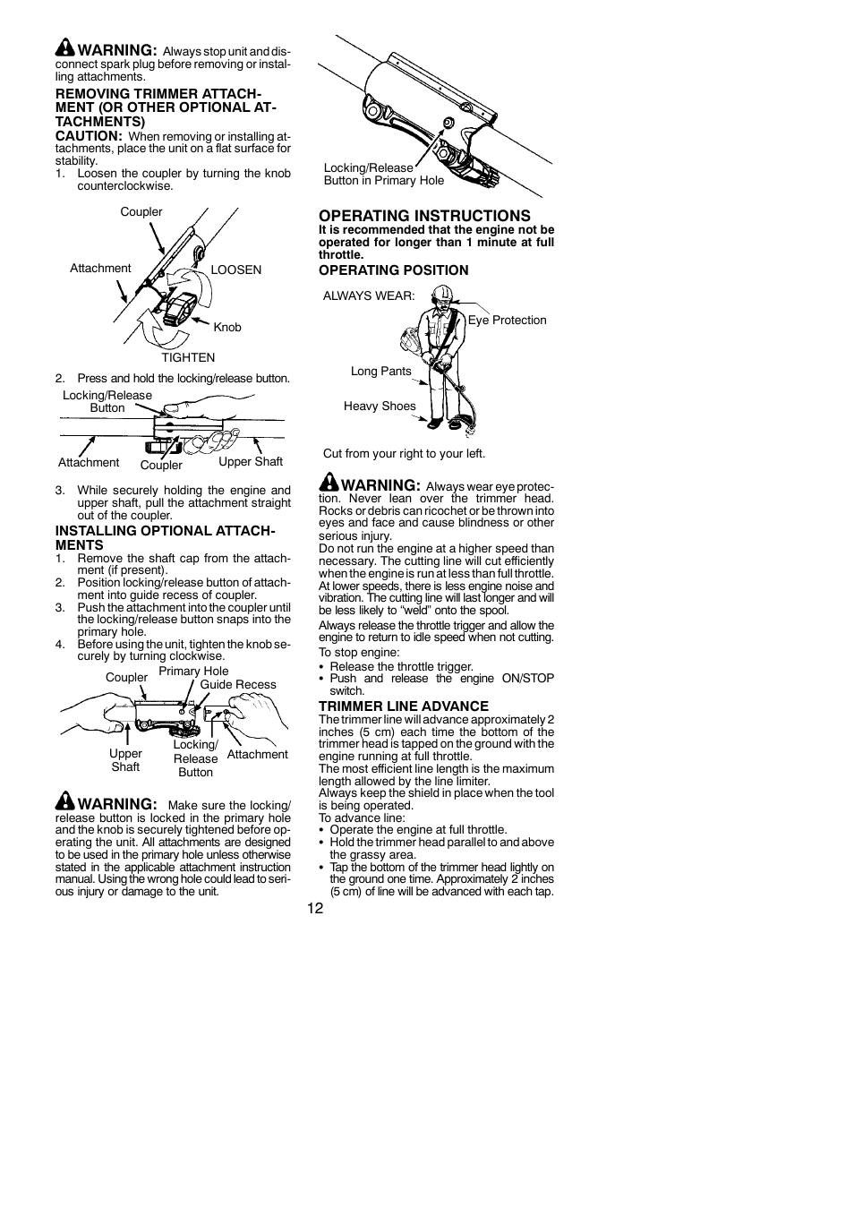12 warning, Warning, Operating instructions | McCulloch MC025 User Manual | Page 12 / 20