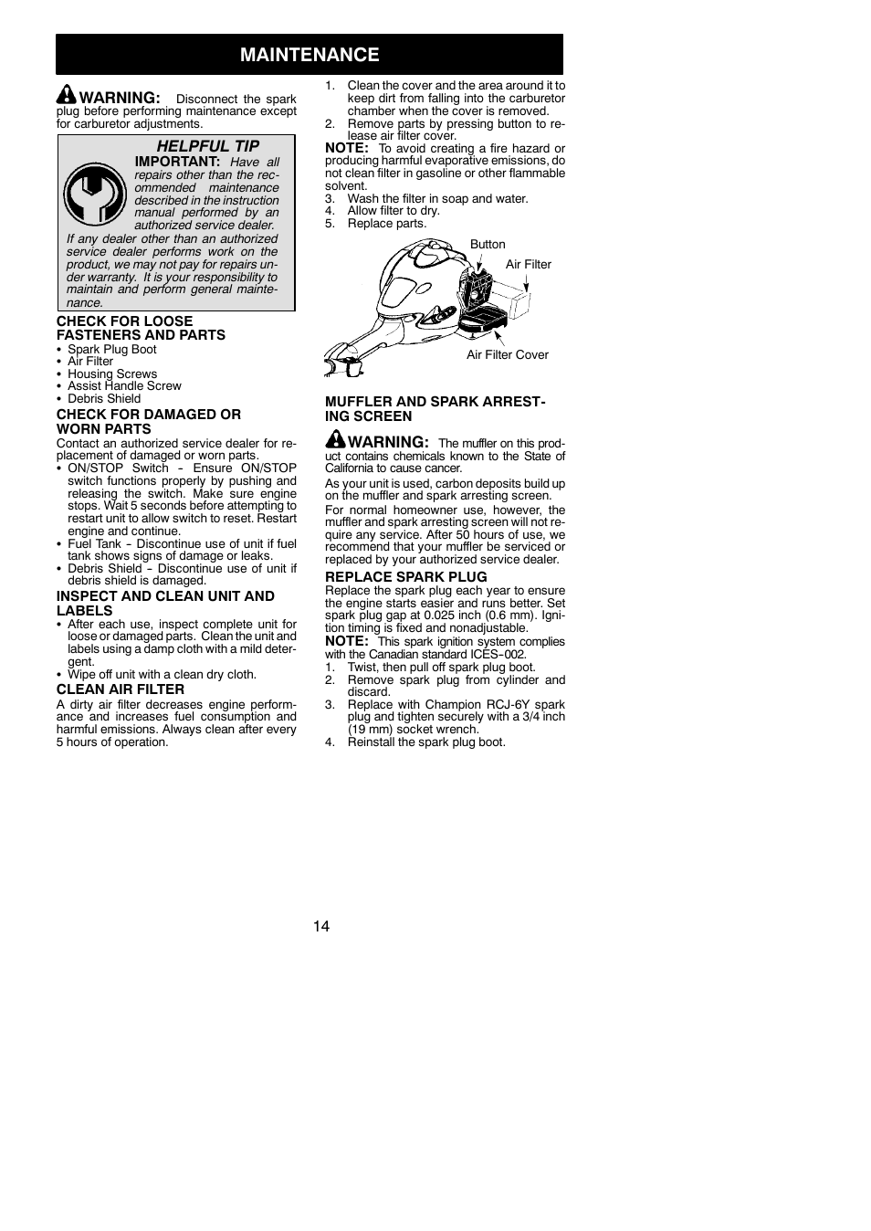 Maintenance, Warning, Helpful tip | McCulloch MC025 User Manual | Page 14 / 20