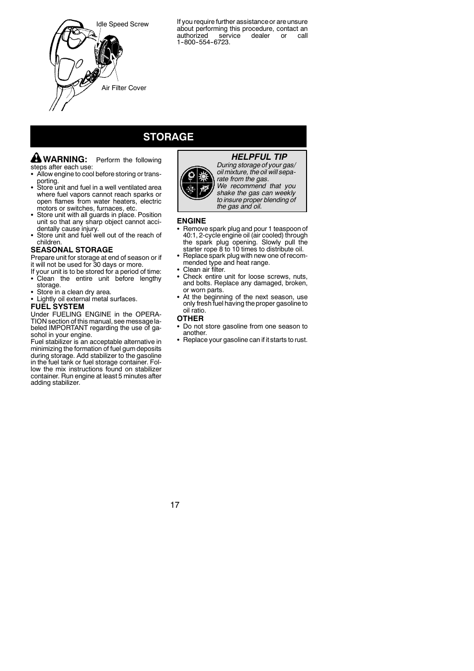 Storage, Warning, Helpful tip | McCulloch MC025 User Manual | Page 17 / 20