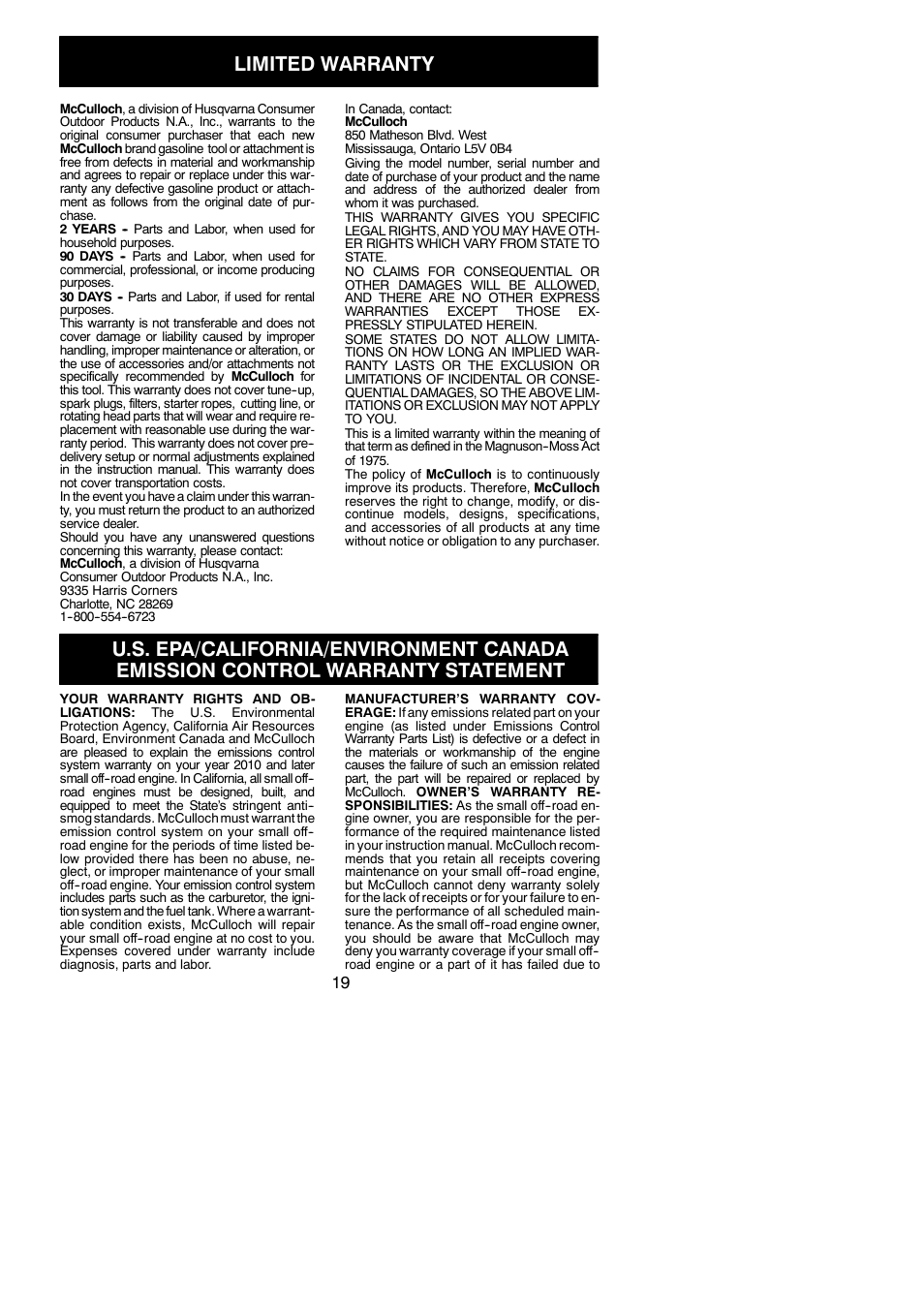 Limited warranty, Emission control warranty | McCulloch MC025 User Manual | Page 19 / 20