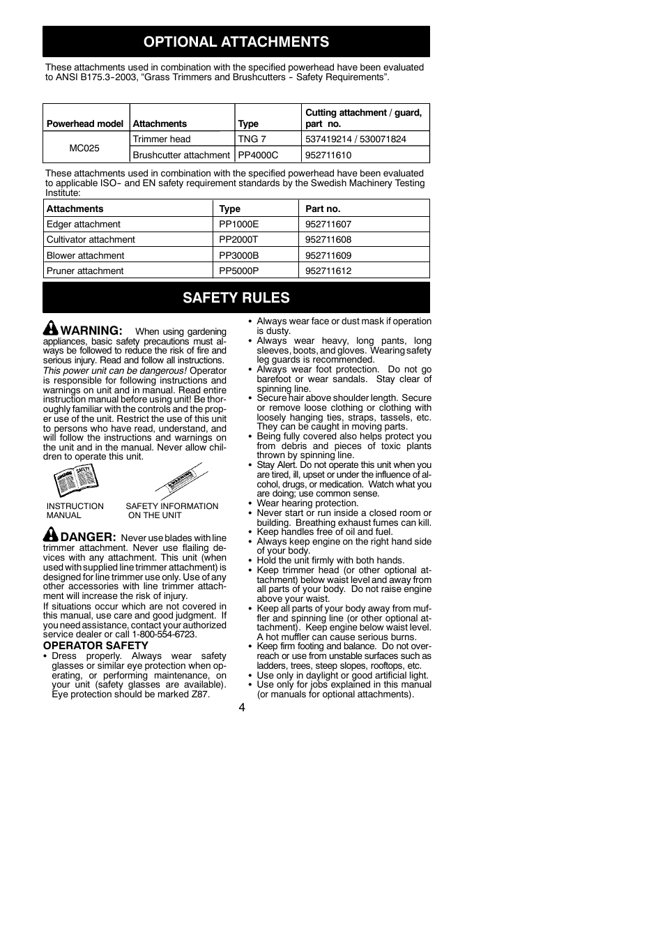 Optional attachments, Safety rules, Warning | Danger | McCulloch MC025 User Manual | Page 4 / 20