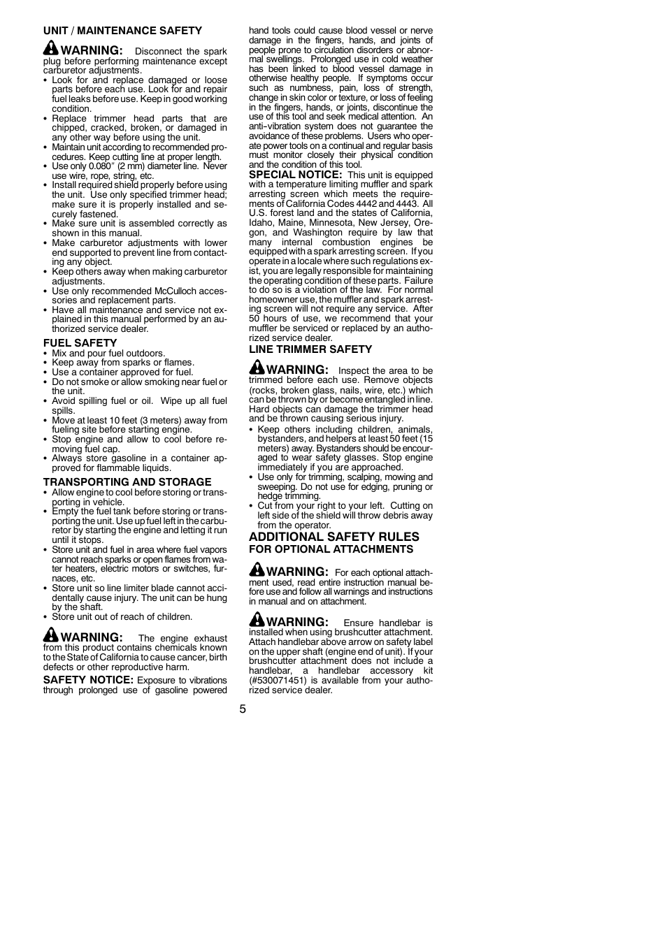Warning, Additional safety rules | McCulloch MC025 User Manual | Page 5 / 20