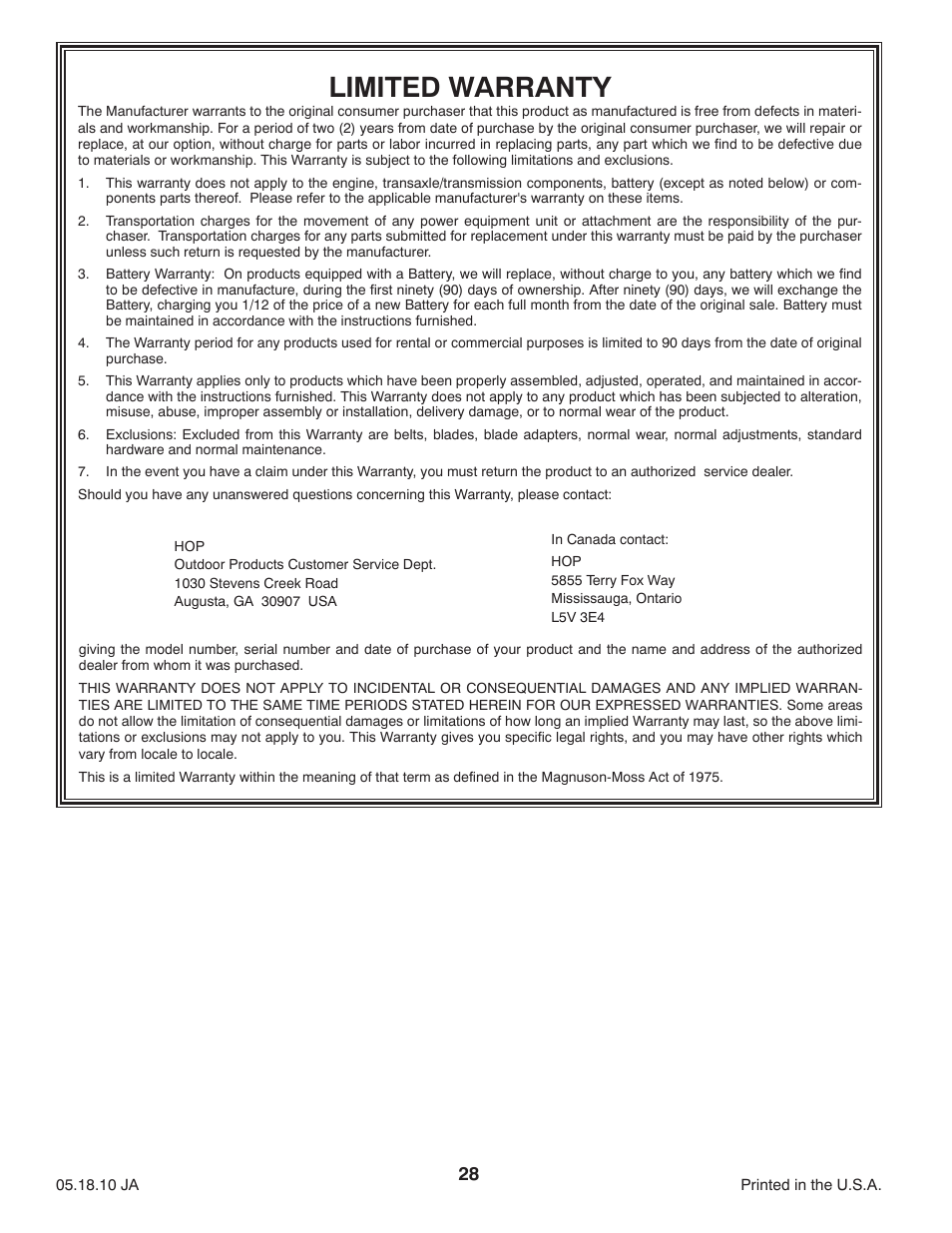 Limited warranty | McCulloch 96012010300 User Manual | Page 28 / 28