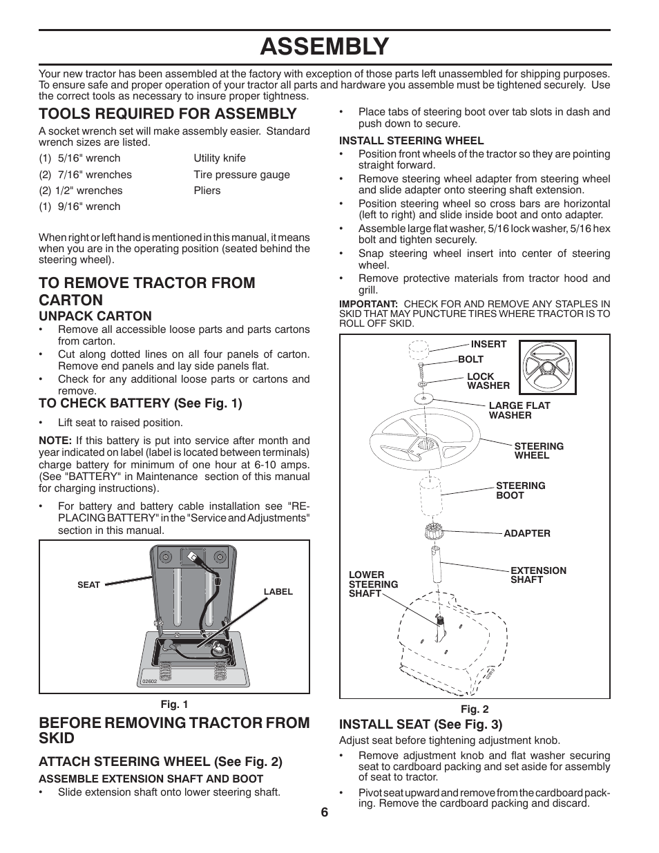 Assembly, Before removing tractor from skid, Tools required for assembly | McCulloch 96012010300 User Manual | Page 6 / 28