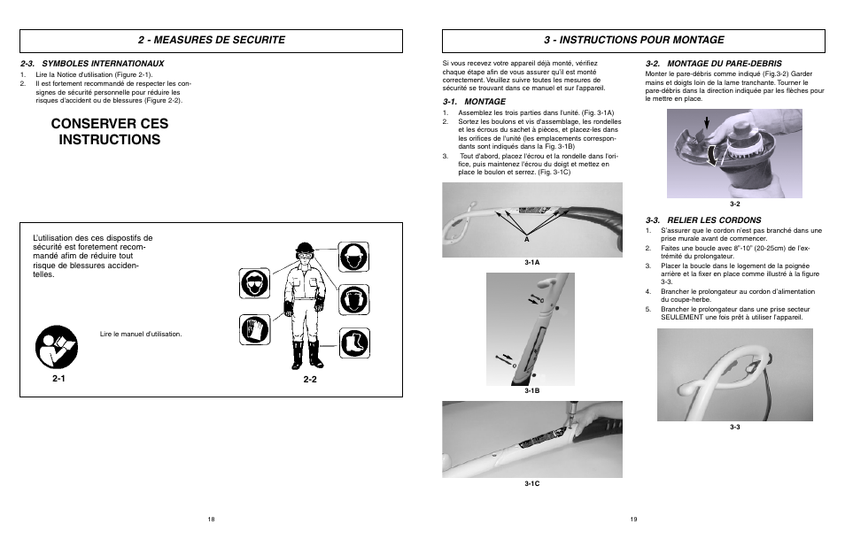 Conserver ces instructions, 2 - measures de securite, 3 - instructions pour montage | McCulloch MCT2024 User Manual | Page 10 / 21